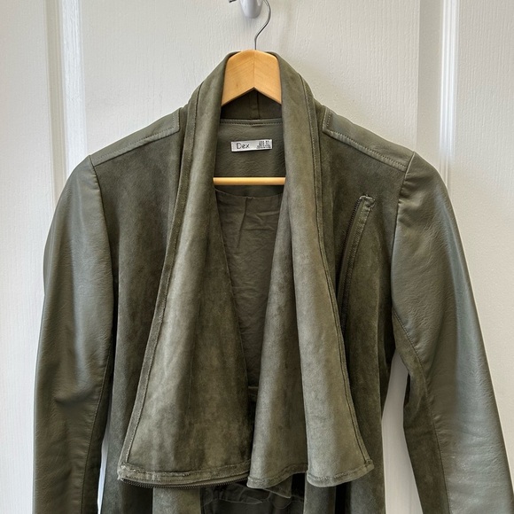 Dex Olive Green Open Front Draped Waterfall Moto Jacket Faux Leather/Suede XS - Picture 7 of 16